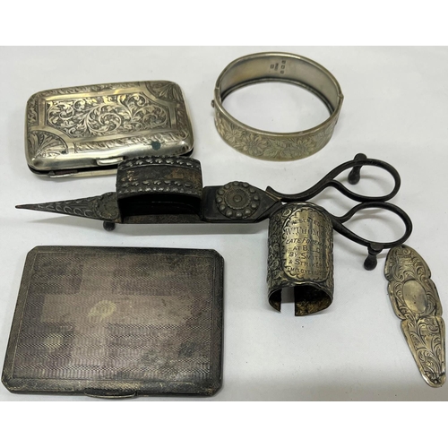 251 - 6 ITEMS OF SILVER & SILVER PLATE: CANDLE SNUFFER, 2 LABELS, 2 SILVER CIGARETTE CASES & BANGL... 