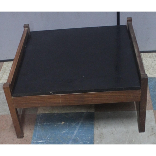 30 - COFFEE TABLE WITH BLACK TOP AND TEAK BASE AND 2 ERCOL DINING CHAIRS