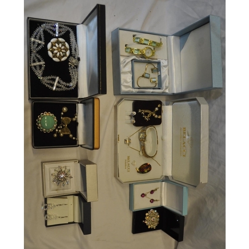 81 - BOX AND CRATE OF COSTUME JEWELLERY - BRACELETS, NECKLACES, BROOCHES, EARRINGS, WATCH AND BRACELET SE... 