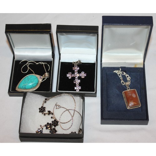 95 - 12 NECKLACES WITH PENDANTS, 1 BROOCH AND 1 BRACELET - ALL MARKED 925 OR SILVER