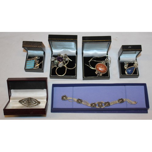 95 - 12 NECKLACES WITH PENDANTS, 1 BROOCH AND 1 BRACELET - ALL MARKED 925 OR SILVER