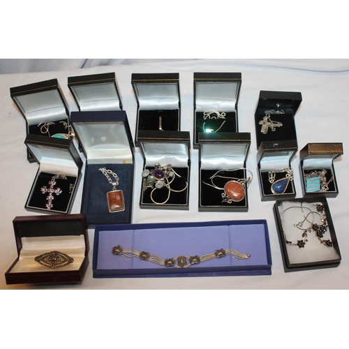 95 - 12 NECKLACES WITH PENDANTS, 1 BROOCH AND 1 BRACELET - ALL MARKED 925 OR SILVER