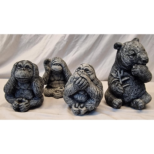 52 - 4 GARDEN ORNAMENTS - 3 MONKEYS (SEE, HEAR, SPEAK NO EVIL) AND A BEAR EATING BAMBOO