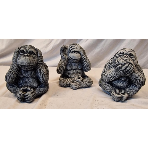 52 - 4 GARDEN ORNAMENTS - 3 MONKEYS (SEE, HEAR, SPEAK NO EVIL) AND A BEAR EATING BAMBOO