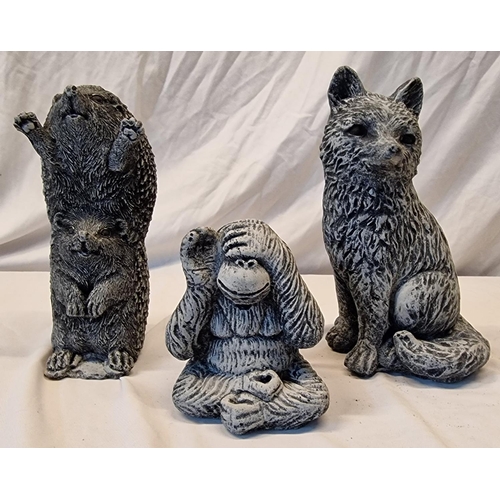 59 - 3 GARDEN ORNAMENTS - FOX, HEDGEHOG AND MONKEY