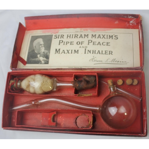 110 - BOXED SIR HIRAM MAXIM'S PIPE OF PEACE AND ENHALER, CUT THROAT RAZOR, BAKELITE RAZOR, 3 CIGARS FROM 1... 