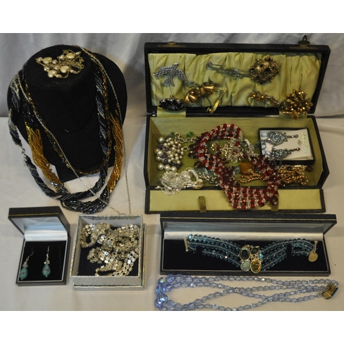 112 - 2 BOXES OF COSTUME JEWELLERY - EARRINGS, BROOCHES, BRACELETS AND NECKLACES