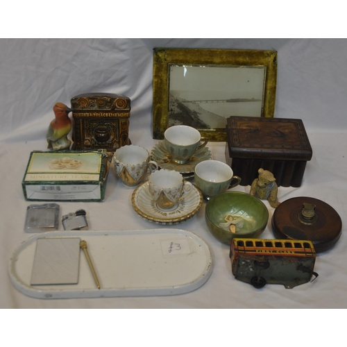 74 - 2 BOXES OF MISCELLANEOUS GOODS - LIGHTERS, TAPE MEASURE, WOODEN JEWELLERY BOX, CUPS AND SAUCERS, MOD... 