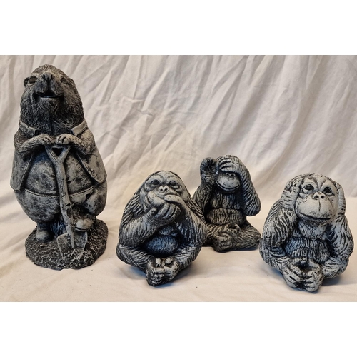 131 - 4 GARDEN ORNAMENTS - HEDGEHOG AND 3 MONKEYS (SEE, HEAR, SPEAK NO EVIL)