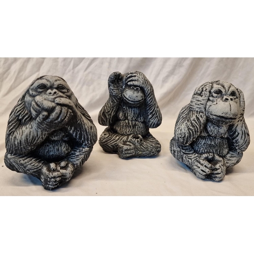 131 - 4 GARDEN ORNAMENTS - HEDGEHOG AND 3 MONKEYS (SEE, HEAR, SPEAK NO EVIL)