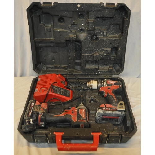 132 - MILWAUKEE 18v SET CONTAINING DRILL, IMPACT DRIVER, CASE, CHARGER AND 2 BATTERIES