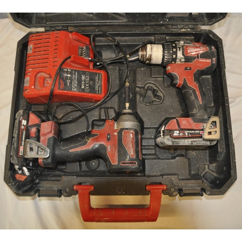 132 - MILWAUKEE 18v SET CONTAINING DRILL, IMPACT DRIVER, CASE, CHARGER AND 2 BATTERIES