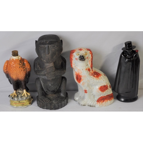 138 - CARVED TRIBAL FIGURE, STAFFORDSHIRE DOG, DOULTON SANDEMAN'S PORT BOTTLE WITH CORK, BESWICK BENEAGLES... 