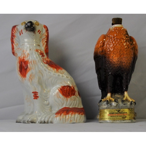 138 - CARVED TRIBAL FIGURE, STAFFORDSHIRE DOG, DOULTON SANDEMAN'S PORT BOTTLE WITH CORK, BESWICK BENEAGLES... 