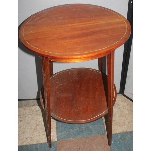 153 - 3 OCCASIONAL TABLES - SMALL INLAID TABLE WITH UNDER-SHELF, CIRCULAR TOP TABLE AND OAK TABLE WITH BAR... 