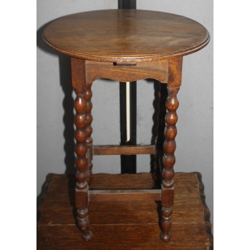 153 - 3 OCCASIONAL TABLES - SMALL INLAID TABLE WITH UNDER-SHELF, CIRCULAR TOP TABLE AND OAK TABLE WITH BAR... 