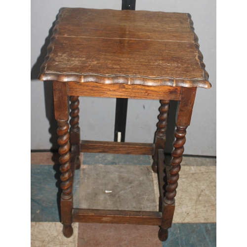 153 - 3 OCCASIONAL TABLES - SMALL INLAID TABLE WITH UNDER-SHELF, CIRCULAR TOP TABLE AND OAK TABLE WITH BAR... 