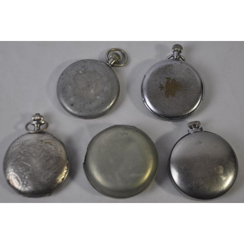226 - 4 POCKET WATCHES INCLUDING ONE WITH A HORSE RACING PATTERN AND 2 WATCH HOLDERS