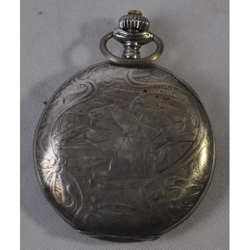 226 - 4 POCKET WATCHES INCLUDING ONE WITH A HORSE RACING PATTERN AND 2 WATCH HOLDERS