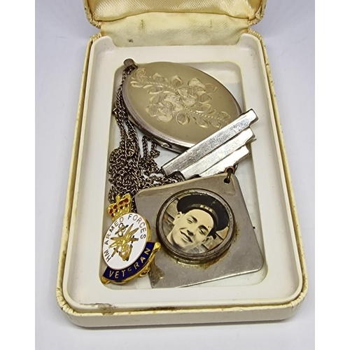268 - LOCKET ON CHAIN (MARKED STERLING SILVER JAM), PHOTO PENDANT AND HM ARMED FORCES VETERAN BADGE