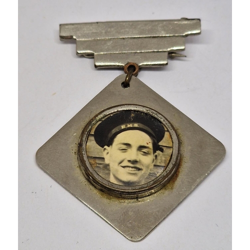 268 - LOCKET ON CHAIN (MARKED STERLING SILVER JAM), PHOTO PENDANT AND HM ARMED FORCES VETERAN BADGE