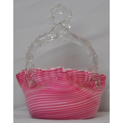 258 - 4 GLASS ITEMS - VICTORIAN BASKET WITH CANDY STRIPES FROSTED GLASS SPILL VASE SMALL TRINKET BOX AND C... 
