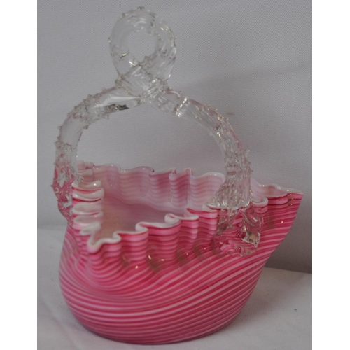 258 - 4 GLASS ITEMS - VICTORIAN BASKET WITH CANDY STRIPES FROSTED GLASS SPILL VASE SMALL TRINKET BOX AND C... 