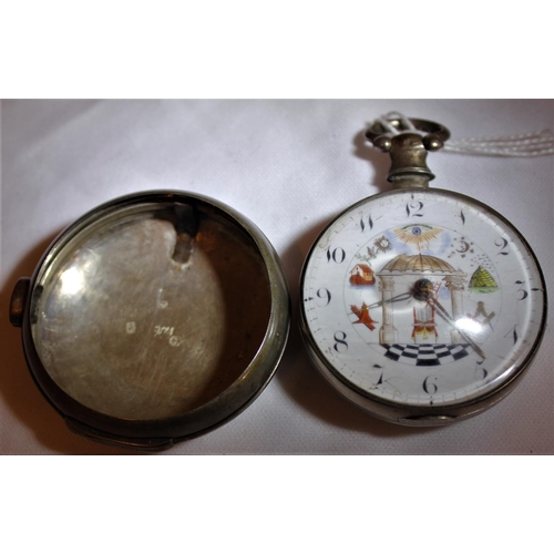 261 - MASONIC POCKET WATCH IN SILVER WATCH HOLDER AND 2 KEYS