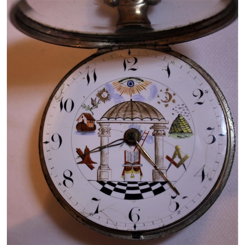 261 - MASONIC POCKET WATCH IN SILVER WATCH HOLDER AND 2 KEYS