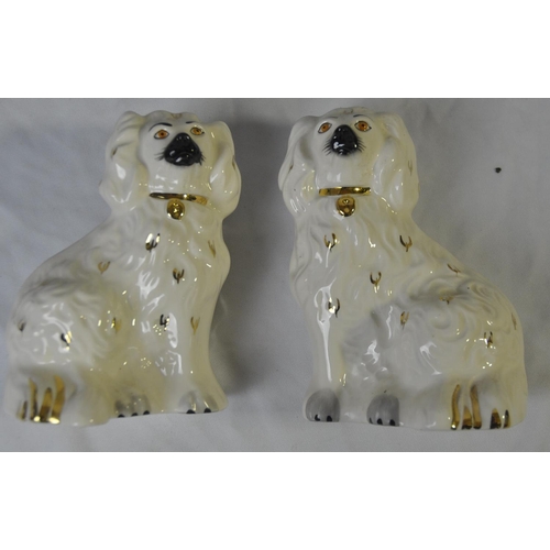 317 - TRAY OF MISCELLANEOUS - OIL LAMP, PAIR OF ROYAL DOULTON STAFFORSHIRE DOGS, STAFFORDSHIRE VASE, ETC