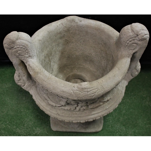 22 - LARGE DECORATIVE 2 HANDLED STONEWORK URN (IN 2 PIECES) (H52, W48cm)