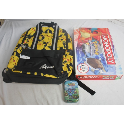 90 - QUANTITY OF POKEMON ITEMS INCLUDING TRADING CARDS, PLAYMAT, MONOPOLY AND BACKPACK