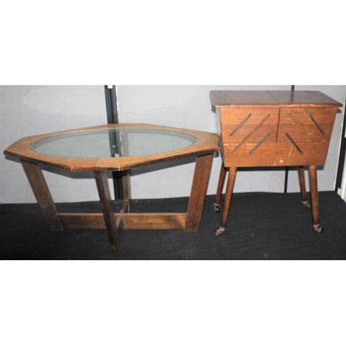 165 - SEWING BOX & GLASS TOP COFFEE TABLE
