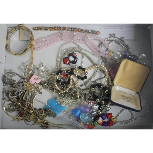 225 - BOX AND TRAY OF COSTUME JEWELLERY - EARRINGS, NECKLACES, ETC