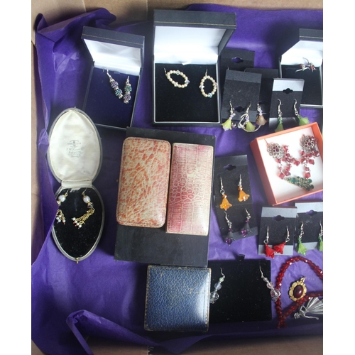 225 - BOX AND TRAY OF COSTUME JEWELLERY - EARRINGS, NECKLACES, ETC