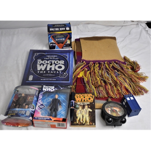 299 - VARIOUS DR WHO MEMORABILIA INCLUDING FOURTH DOCTOR SCARF, DR WHO TRIVIAL PURSUIT, 2 FIGURINES, TARDI... 