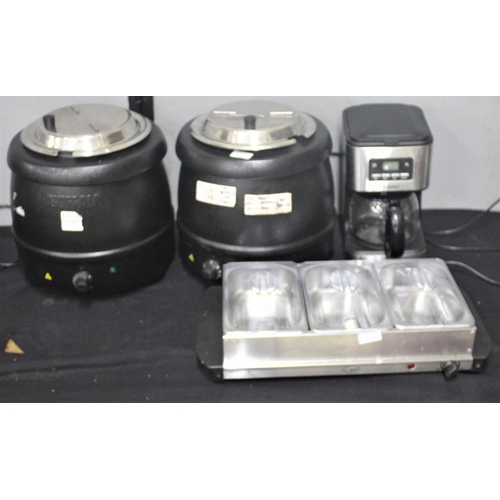 2 SOUP KETTLES, YABANO COFFEE MACHINE & QUEST FOOD WARMING TRAY