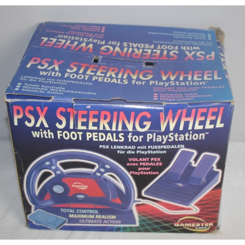 415 - 2 SONY PLAYSTATION CONSOLES, PSX STEERING WHEEL WITH FOOT PEDALS FOR PLAYSTATION & 2 NAMCO NPC-1... 