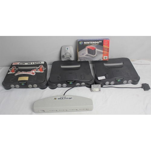 442 - 3 NINTENDO 64 CONSOLES, CONTROLLER PAK (NUS-004), EXPANSION PAK BOX (EMPTY) & SUPER MULTITAP