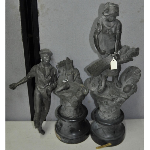 5 - MISCELLANEOUS ITEMS: 3 BRASS HORSE DOORSTOPS, 2 SPELTRE FIGURES (1 DAMAGED), SHOE LAST & FLAT IR... 