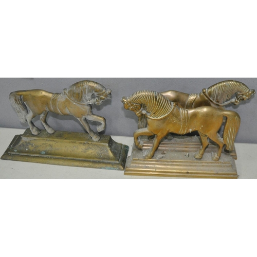 5 - MISCELLANEOUS ITEMS: 3 BRASS HORSE DOORSTOPS, 2 SPELTRE FIGURES (1 DAMAGED), SHOE LAST & FLAT IR... 