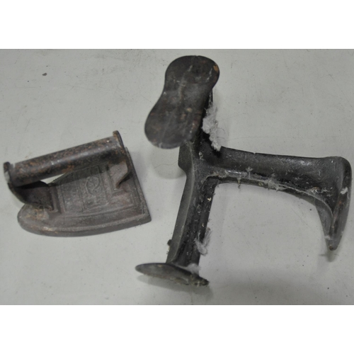 5 - MISCELLANEOUS ITEMS: 3 BRASS HORSE DOORSTOPS, 2 SPELTRE FIGURES (1 DAMAGED), SHOE LAST & FLAT IR... 