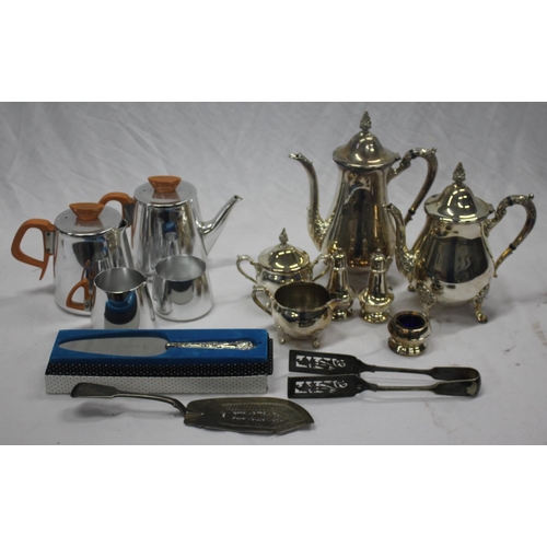 19 - SILVER PLATED TEA SET, SONA TEA SET, CONDIMENT POTS, ASPARAGUS TONGS, CAKE SLICE