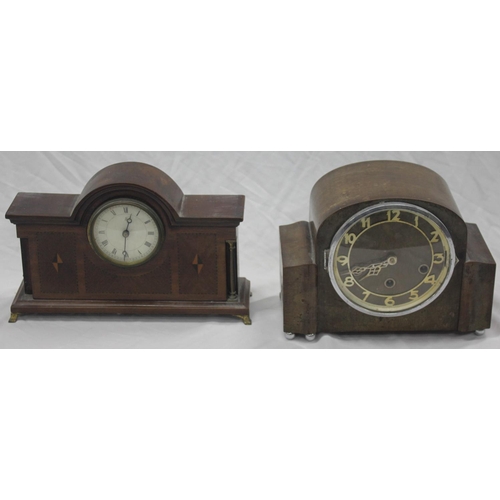 24 - 2 CLOCKS - OAK CASED MANTLE CLOCK WITH WESTMINISTER CHIME AND MAHOGANY INLAID MANTLE CLOCK - 1 CLOCK... 