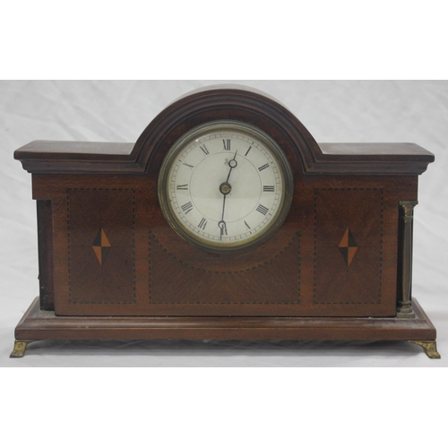 24 - 2 CLOCKS - OAK CASED MANTLE CLOCK WITH WESTMINISTER CHIME AND MAHOGANY INLAID MANTLE CLOCK - 1 CLOCK... 