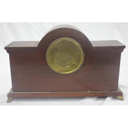 24 - 2 CLOCKS - OAK CASED MANTLE CLOCK WITH WESTMINISTER CHIME AND MAHOGANY INLAID MANTLE CLOCK - 1 CLOCK... 