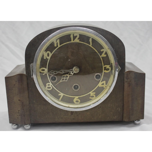 24 - 2 CLOCKS - OAK CASED MANTLE CLOCK WITH WESTMINISTER CHIME AND MAHOGANY INLAID MANTLE CLOCK - 1 CLOCK... 