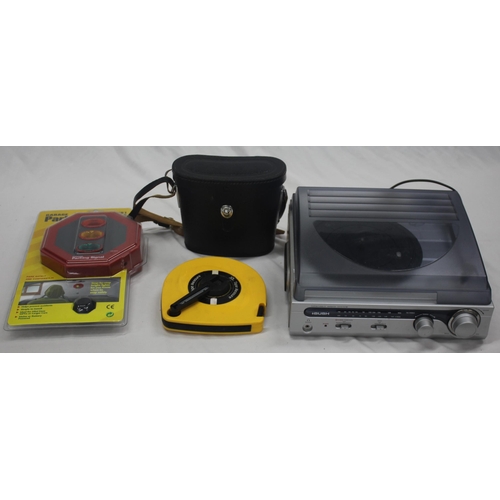 44 - VARIOUS ITEMS - BUSH TURNTABLE RADIO SYSTEM, 30M TAPE MEASURE, PAIR BINOCULARS, GARAGE PARKING SYSTE... 