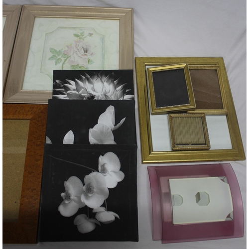 55 - 3 FLOWER CANVAS PRINTS, 2 FRAMED FLOWER PICTURES, PHOTO FRAMES ETC