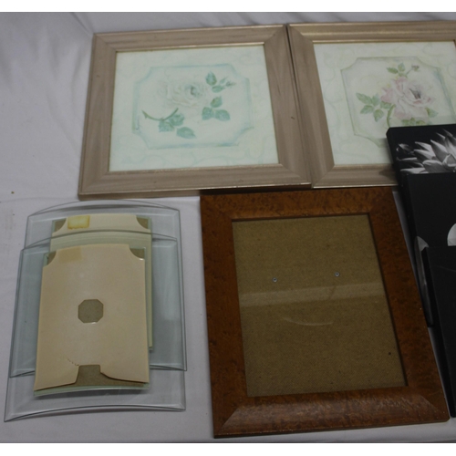 55 - 3 FLOWER CANVAS PRINTS, 2 FRAMED FLOWER PICTURES, PHOTO FRAMES ETC